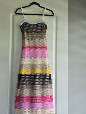 Women's Striped Crochet Slip Dress in Pink, Yellow & Neutral Tones